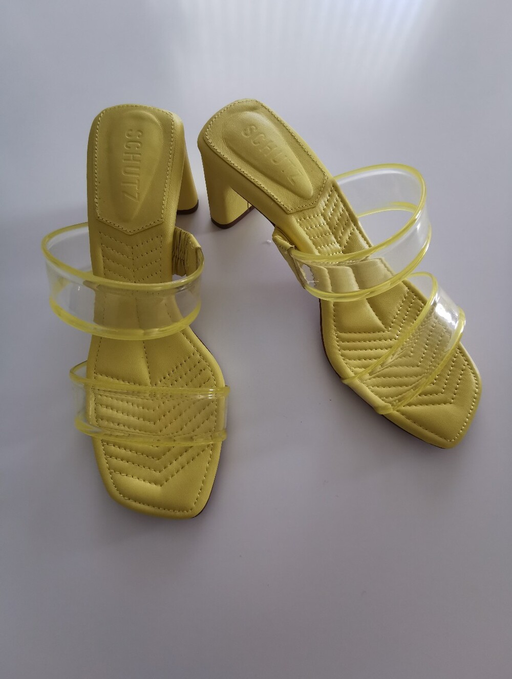 SCHUTZ Yellow Heel Sandals Padded Insole Two Clear Transparent Jelly PVC Straps